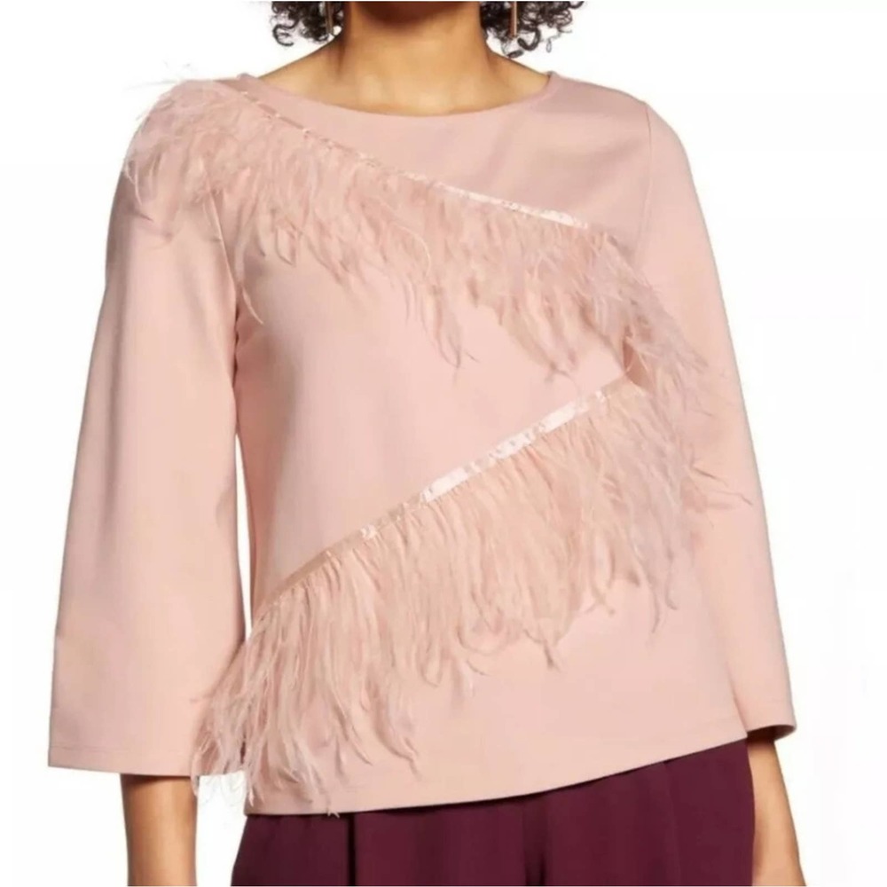 Halogen Zigzag Feather Trim Ponte Top Pink Size S
